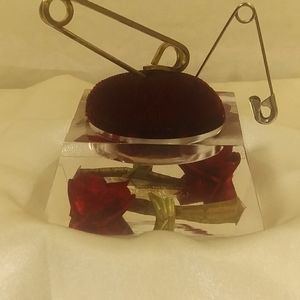 Vintage Handcarved and Colored Lucite Pin Cushion